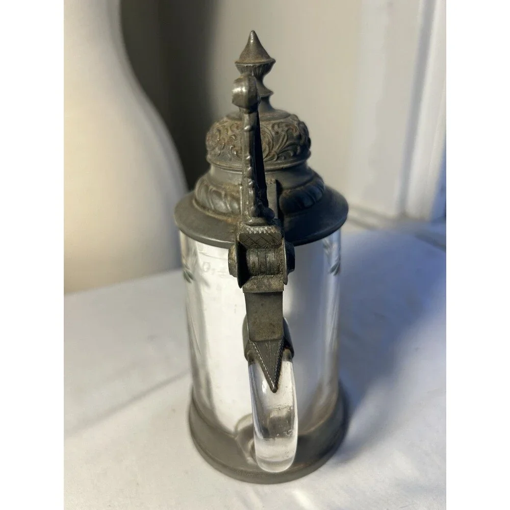 Vintage Antique German Cut Overlay Green Crystal Glass Beer Stein Lidded Pewter